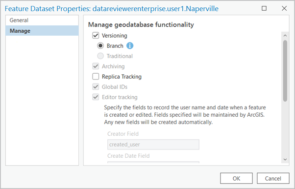 Feature Dataset Properties dialog box with the Manage tab selected Feature Dataset Properties dialog box with the Manage tab selected